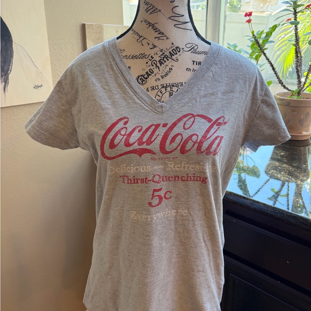Coca-Cola Gray V-Neck Tee with Red Logo